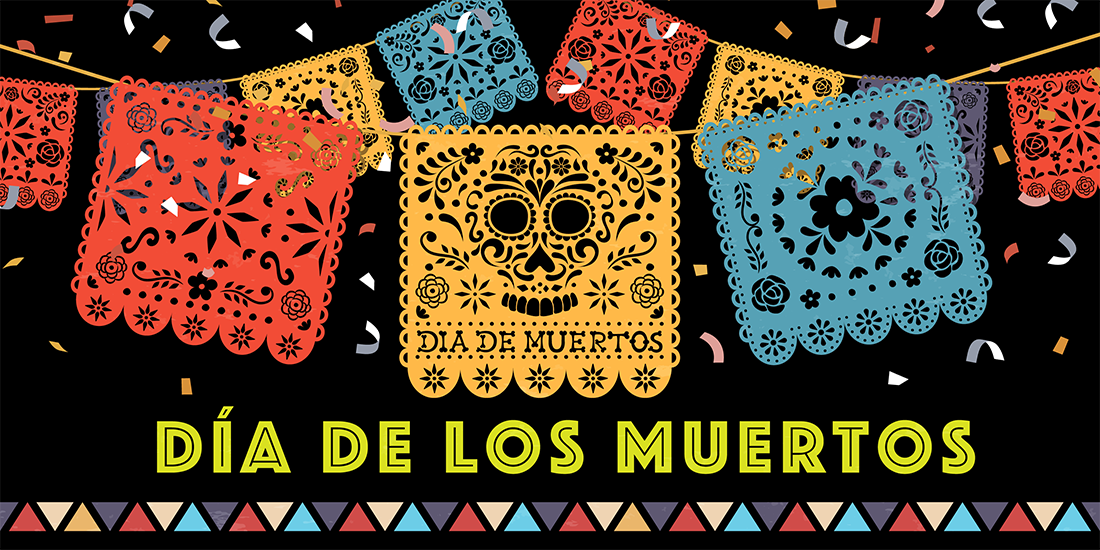 Day of the dead greeting card for mexican celebration, traditional mexico papercut banner decoration with colorful skulls and party confetti.