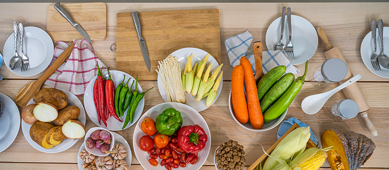 Variety of fruits and vegetables on counter