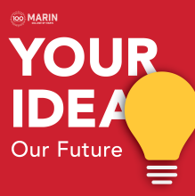 Red background with illustration of yellow lightbulb and text: Your Idea. Our Future. COM centennial logo, horizontal.