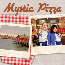 Poster for drama performance of Mystic Pizza with polaroid images on top of a red and white checkered tablecloth. First image is of a red cabin on stilts above a body of water. Second image is of two employees standing side by side holding pizza in a restaurant.